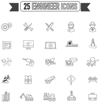 Flat line silhouette Civil engineering, maintenance labor, excavator transport and construction site industry graphic tool equipment sign and symbol icon collection set, create by vector 