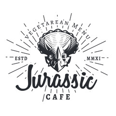 Jurassic cafe logo template. Dinosaur vegetarean menu logotype. Dino tattoo studio mascot design. Vector sunburst label. Cretaceous period park retro illustration. Fury Dino insignia concept. Ancient © Gmorv