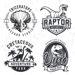 Fototapeta Set of Dino Logos. Raptor t-shirt illustration concept on grunge background. T-rex beer label design. Vintage Jurassic Period badge. obraz