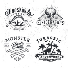 Set of Dino Logos. T-rex skull t-shirt illustration concept on grunge background. stegosaurus adventure park insignia design. Vintage Jurassic Period badge collection.