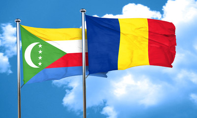Comoros flag with Romania flag, 3D rendering