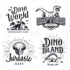 Dinosaur Vector Logo Set. Triceratops t-shirt illustration concept. Raptors college sport team insignia design template. Vintage Jurassic Period labels. Theme park badges collection © Gmorv