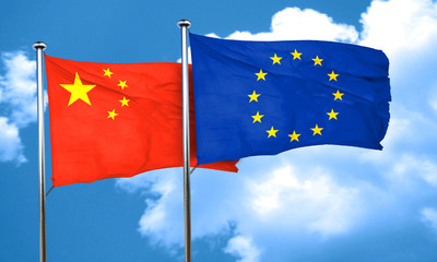 China flag with european union flag, 3D rendering