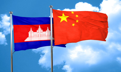 Cambodia flag with China flag, 3D rendering