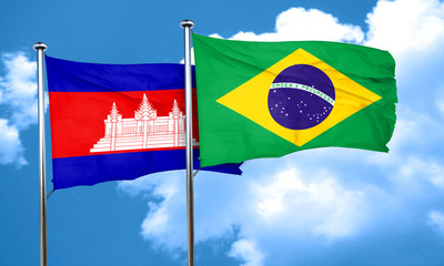 Cambodia flag with Brazil flag, 3D rendering