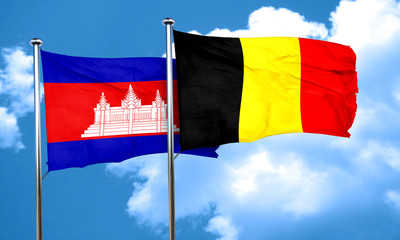 Cambodia flag with Belgium flag, 3D rendering