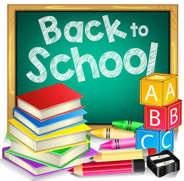 Green Chalkboard with Back to School Text and School Items on White Background
