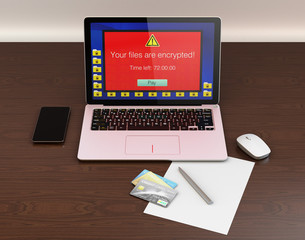 Screen of laptop computer showing alert that the computer was attacked by ransomware. 3D rendering image.