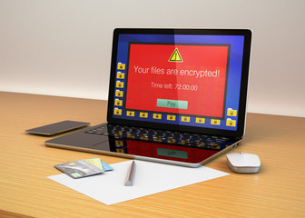 Screen of laptop computer showing alert that the computer was attacked by ransomware. 3D rendering image.