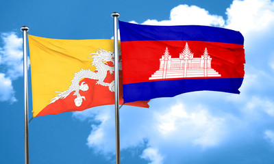 Bhutan flag with Cambodia flag, 3D rendering