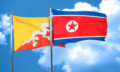 Bhutan flag with North Korea flag, 3D rendering