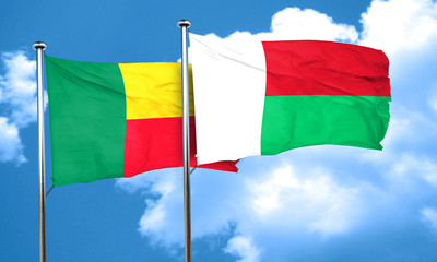 Benin flag with Madagascar flag, 3D rendering