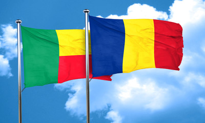 Benin flag with Romania flag, 3D rendering