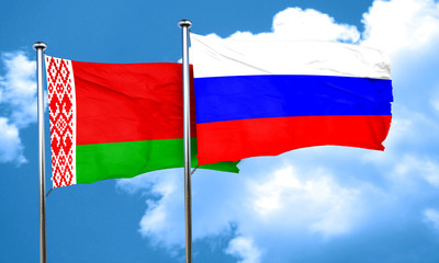 Belarus flag with Russia flag, 3D rendering