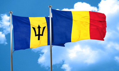 Barbados flag with Romania flag, 3D rendering