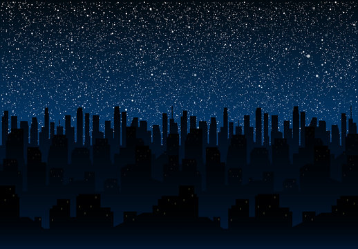 Starry Night Sky. Silhouette Of The City. Eps 10.