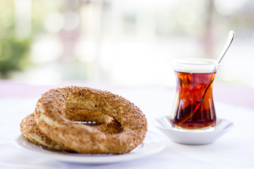 Simit (traditional Turkish bagel) and Turkish tea