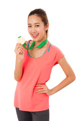 Asian woman holding gold medal isolated on white background.