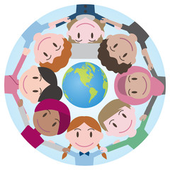 world people form a circle around world map, scrum down, vector illustration