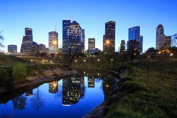 Houston Texas Skyline with modern skyscrapers and blue sky view from park, in the early morning