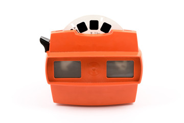 Red retro stereoscope isolated with reels on white background
