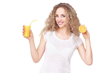 Happy woman with fruit juice