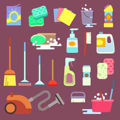 Cleaning maid equipment or cleaning service vector flat icons. Equipment for housework domestic cleaning vector illustration