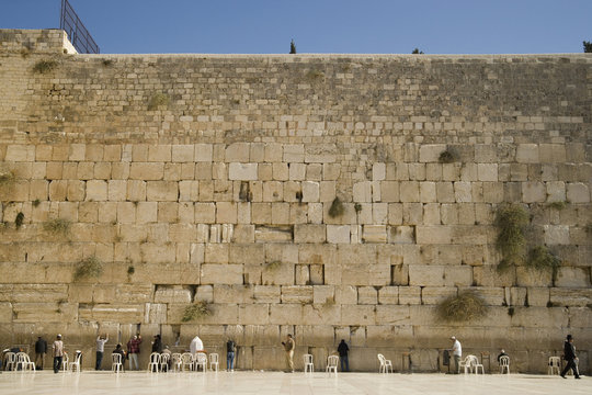 A large group of men praying at the Wailing Wall