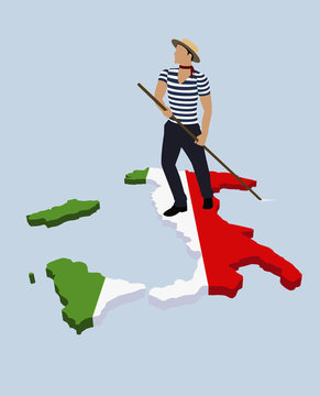 A stereotypical italian Gondolier standing on the italian flag in the shape of italy