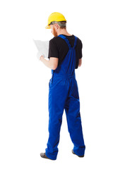 Man builder in the jumpsuit, isolated