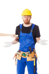 Man builder in the jumpsuit, isolated