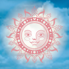 vector ornament sun face on the background of the sky