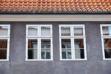 Gray plastered facade with white painted double casement windows, of wood, above is a roof with red clay tiles and a gutter made of zinc