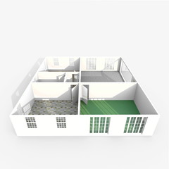 3d interior rendering perspective view of square empty home apartment with floor materials: room, bathroom, bedroom, kitchen, living-room, hall, entrance, door, window, 