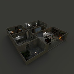 3d interior rendering perspective view of furnished home apartment with turned on lights by night: room, bathroom, bedroom, kitchen, living-room, hall, entrance, door, window, 