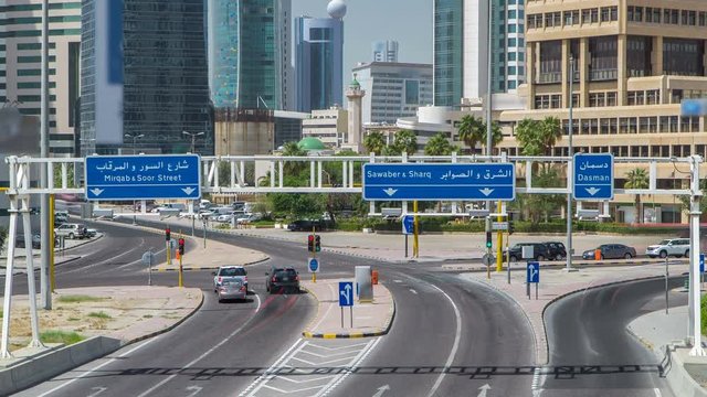 Skyline with Skyscrapers timelapse hyperlapse in Kuwait City downtown. Kuwait City, Middle East