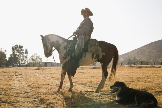 Profile of a cowboy sitting on a horse