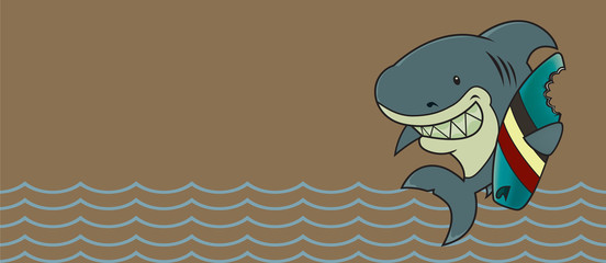 The great white surfer.Funny looking surfer shark cartoon character.Horizontal banner design