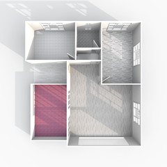 3d interior rendering plan view of empty home apartment with floor materials and balcony: room, bathroom, bedroom, kitchen, living-room, hall, entrance, door, window, 