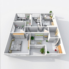 3d interior rendering perspective view of furnished home apartment: room, bathroom, bedroom, kitchen, living-room, hall, entrance, door, window, 