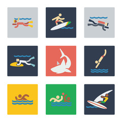 Sea sports flat icons with people and dangerous sea predator shark. Vector illustration
