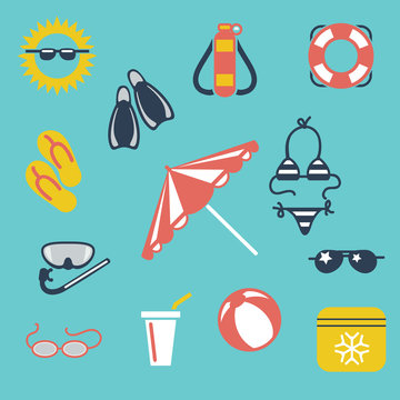 Colorful summer flat icons ball sunglasses swimwear sun umbrella vector