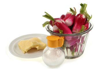 Ramequin de radis avec une salière et un morceau de beurre dans une assiette