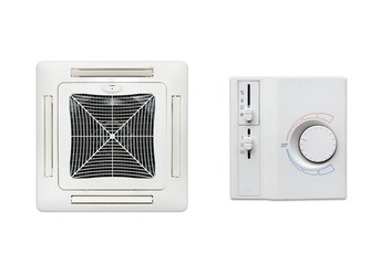 Ceiling air conditioner and thermostat set isolated on white bac