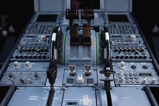 The control panel of a commercial airplane