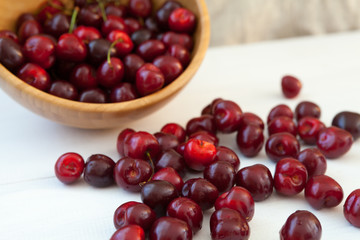 fresh cherries on wooden table