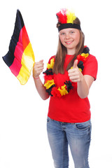 Mädchen als Fußballfan mit Deutschland Fahne isoliert