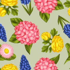 Meubelstickers Seamless pattern with garden flowers. Decorative hortense, ranunculus, muscari and marguerite. Easy to use for backdrop, textile, wrapping paper, wallpaper © incomible