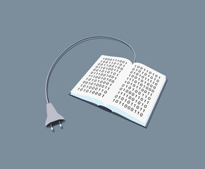 A power cable connected to a book of binary code