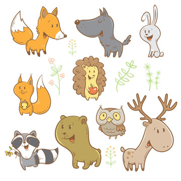 Cute cartoon forest animals set. Funny fox, wolf, squirrel, hare, raccoon, owl and deer. Different plants. Vector image. Children's illustration.